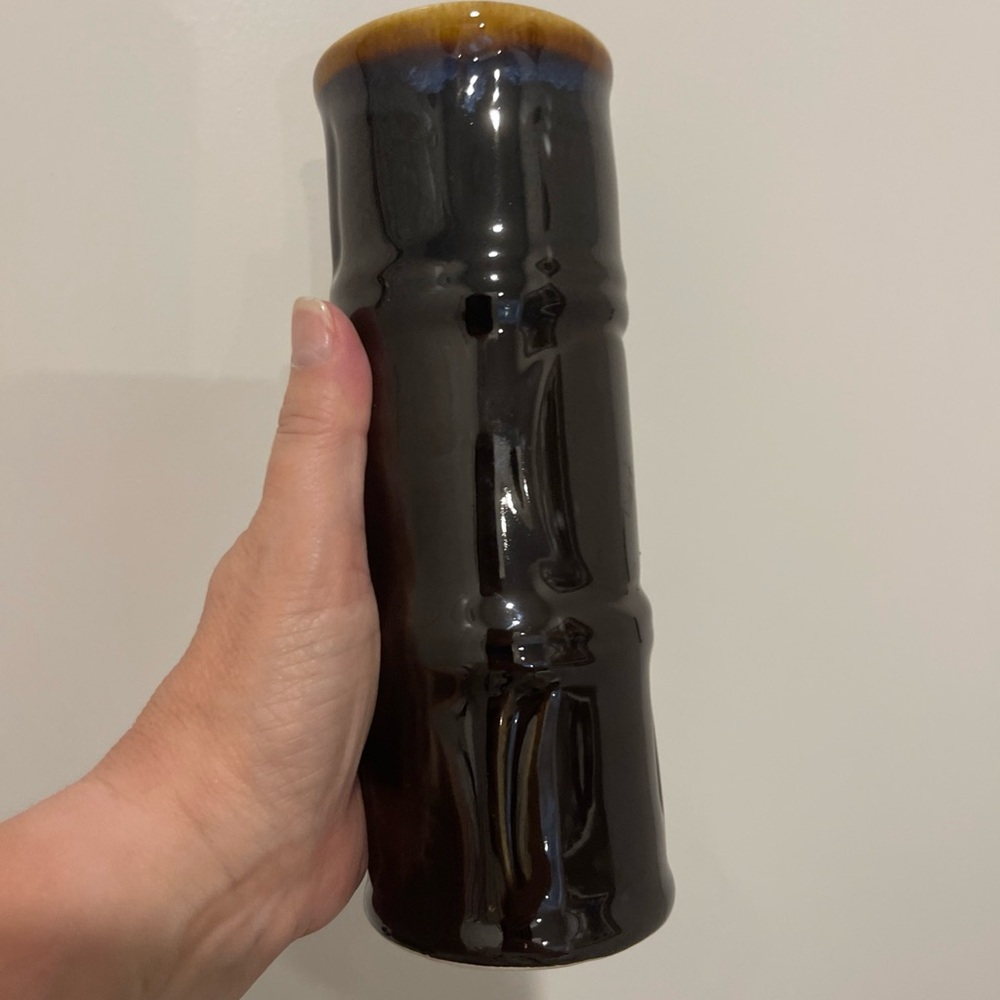 Vintage Brown blue drip glaze Ceramic Libbey 7.5 Inch Tall Bamboo Retro Vase